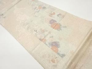 紗 銀通し鴛鴦に草花・短冊模様織出し袋帯